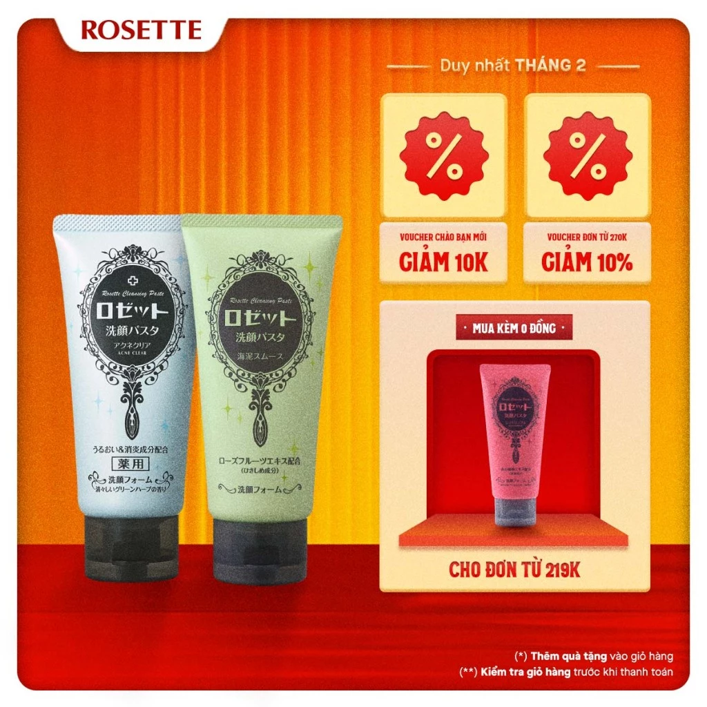 Combo Sữa Rửa Mặt Rosette Thu Nhỏ Lỗ Chân Lông 120g Và Sữa Rửa Mặt Rosette Làm Giảm Mụn Face Wash Pasta 120G
